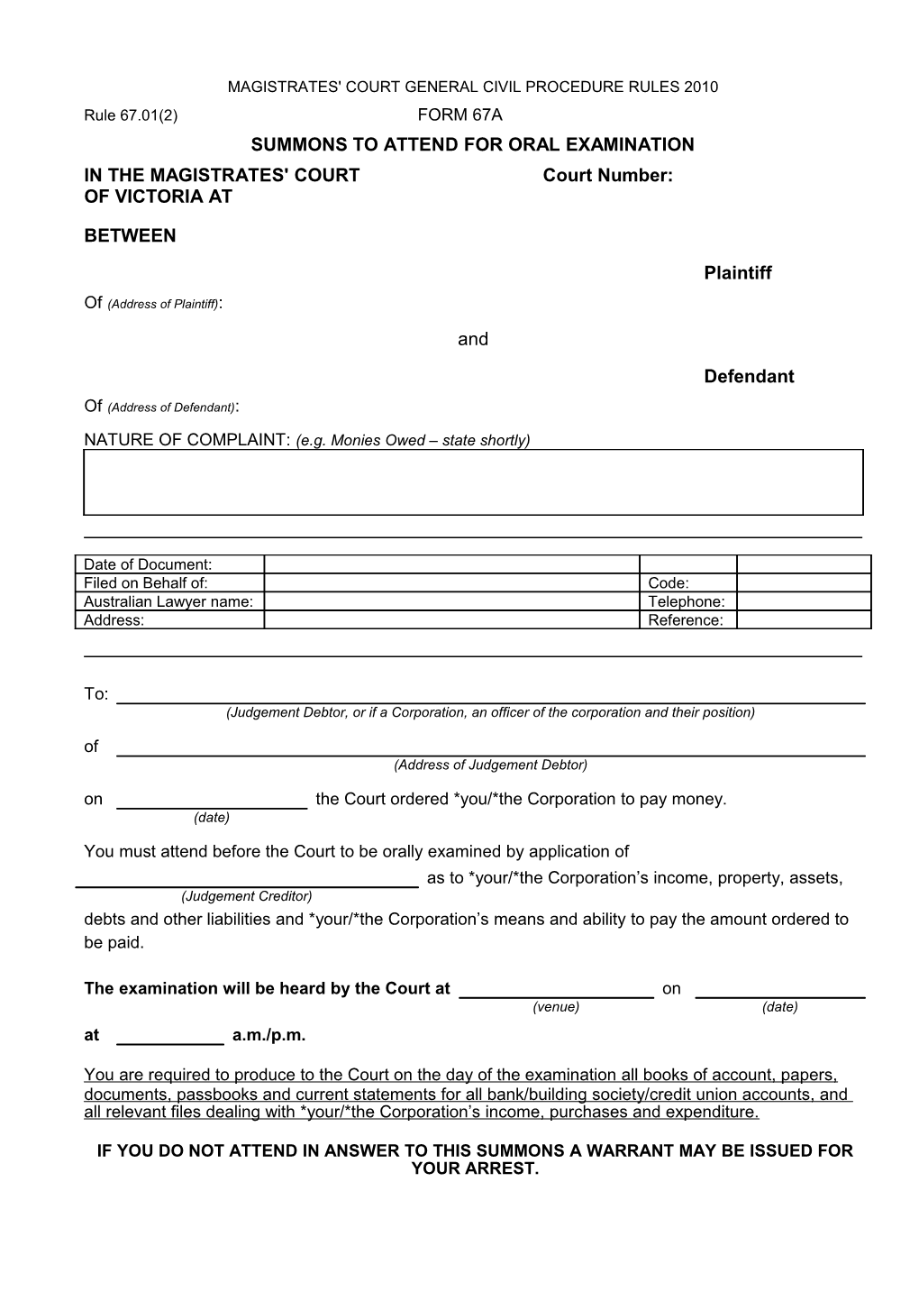 Form 67A - Summons for Oral Exam (Word 79KB)