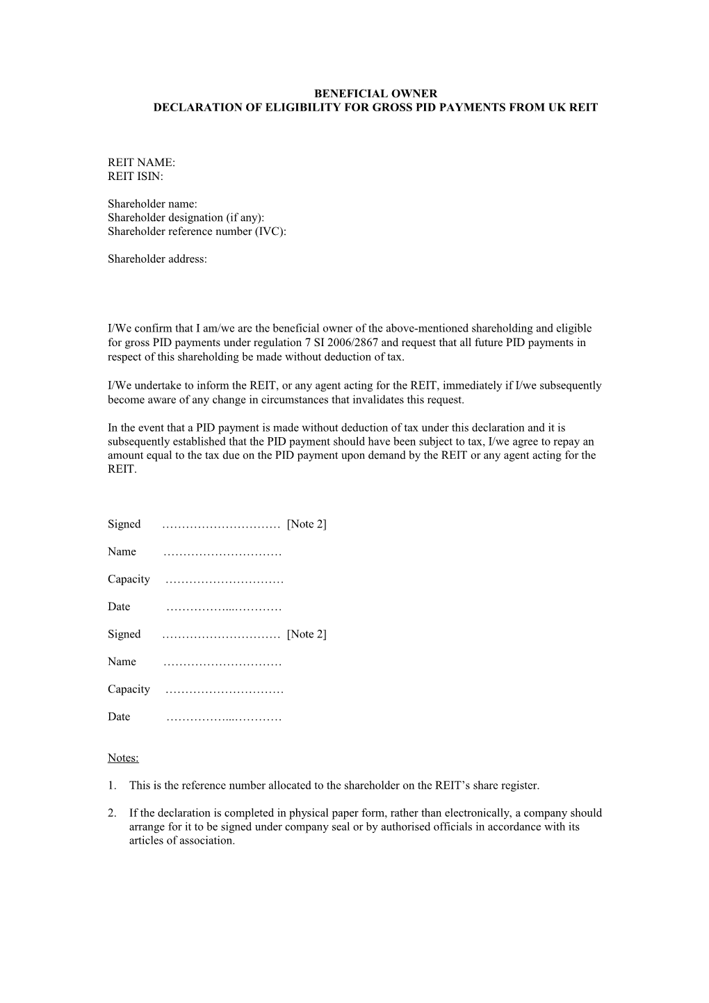 Declaration of Eligibility for Gross Pid Payments from Uk Reit s1