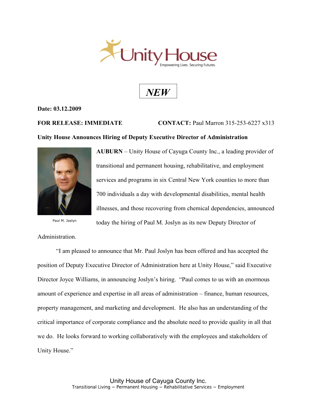 Unity House Announces Hiring of Deputy Executive Director of Administration