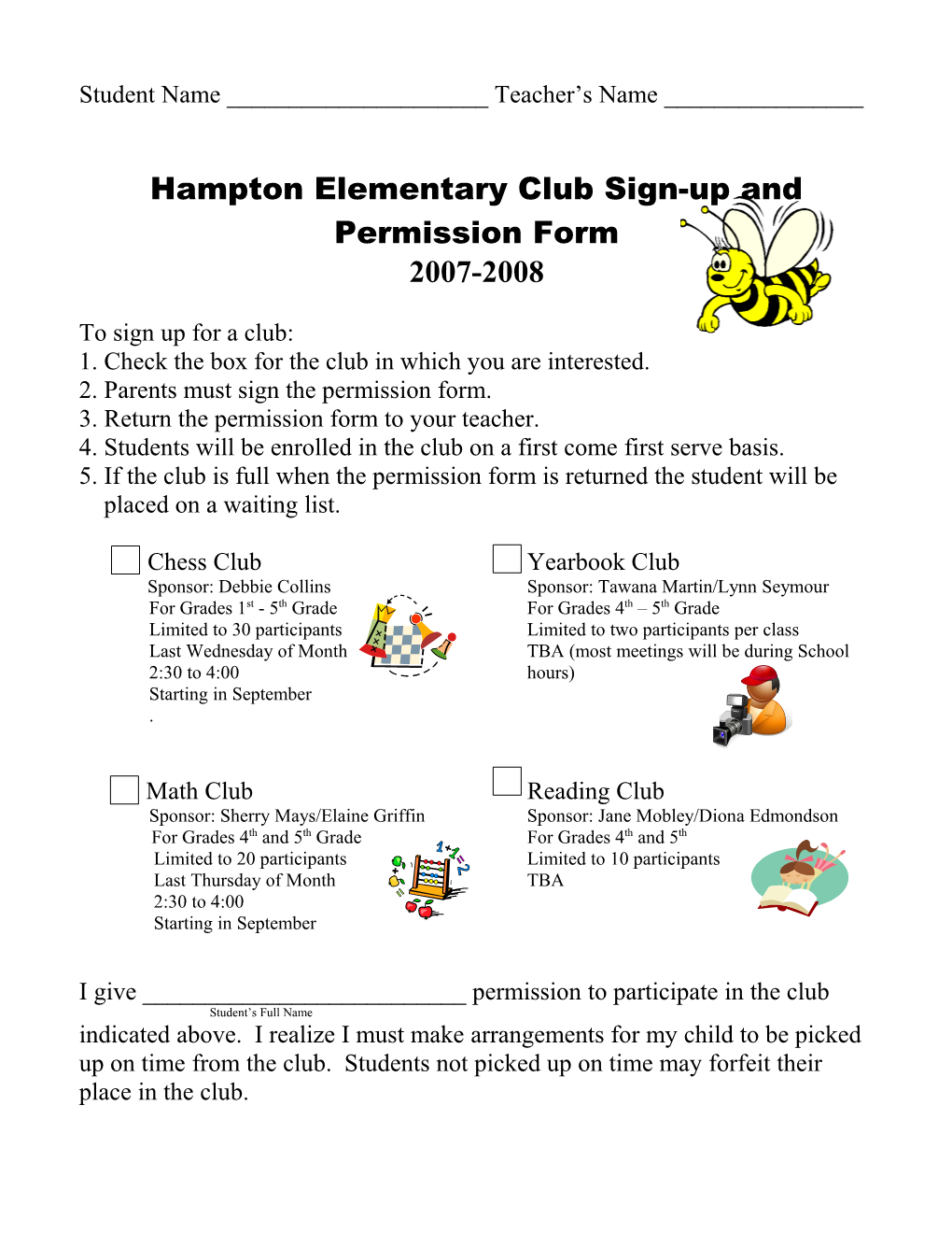 Hampton Elementary Club Sign-Up and Permission Form