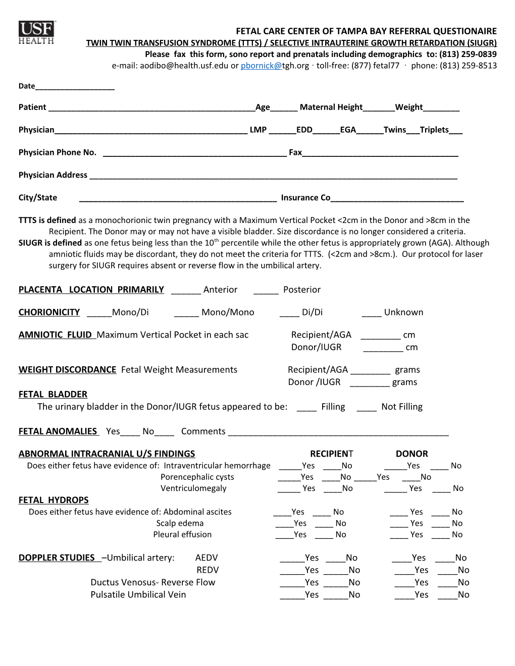 Ttts Clinical / Sonographic Referral Questionaire