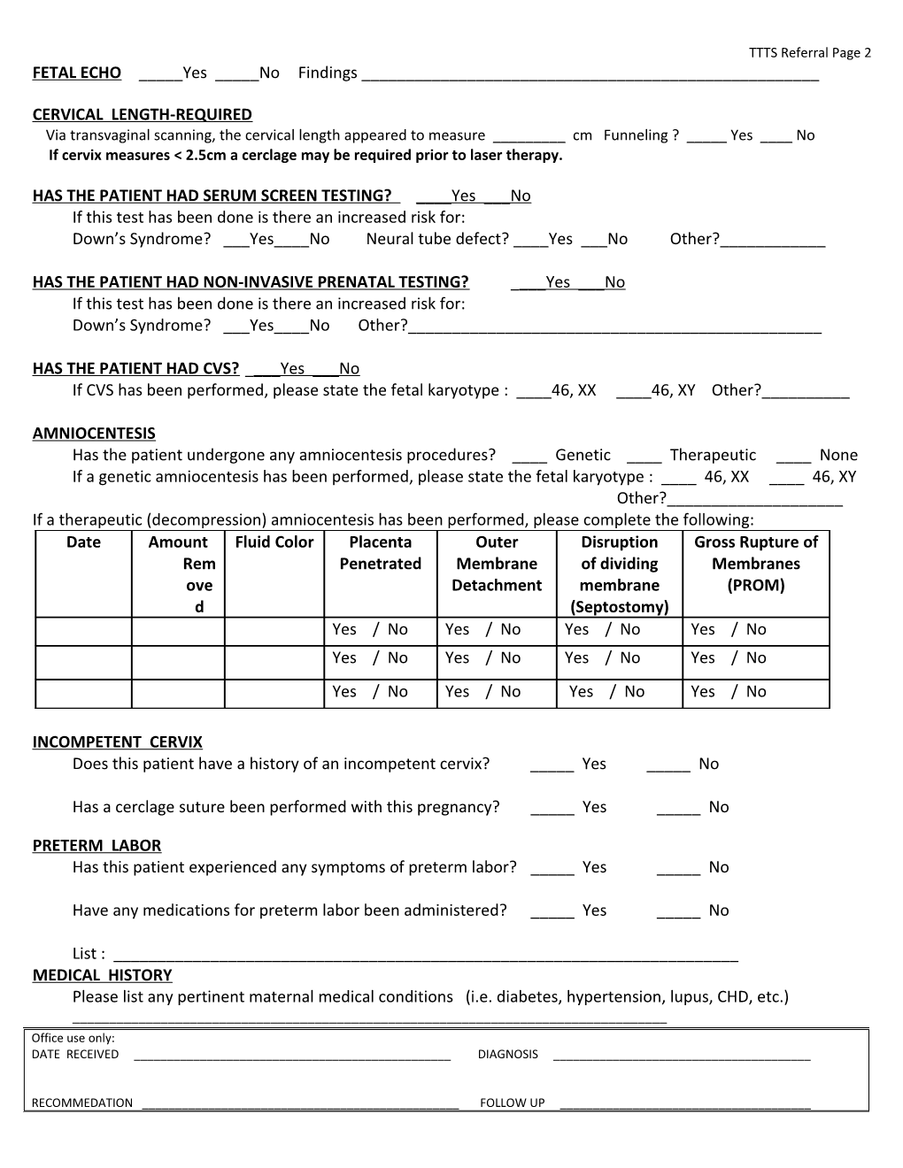 Ttts Clinical / Sonographic Referral Questionaire