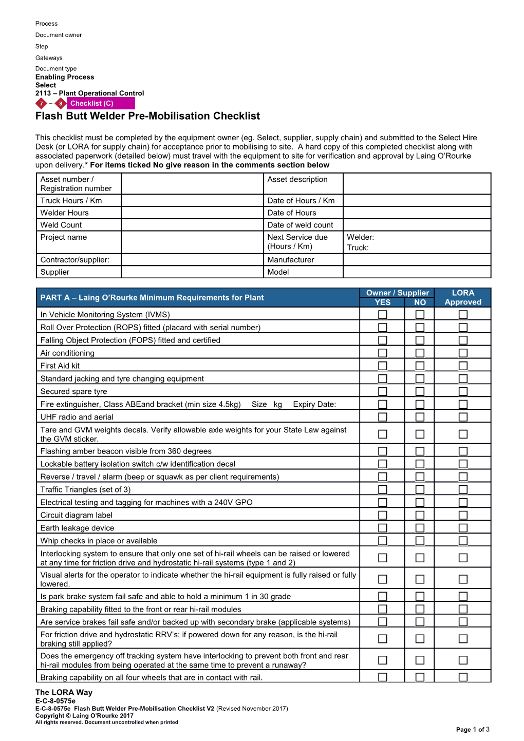 E-C-8-0520 Excavation and Load Shifting Pre Mobilisation Checklist s1