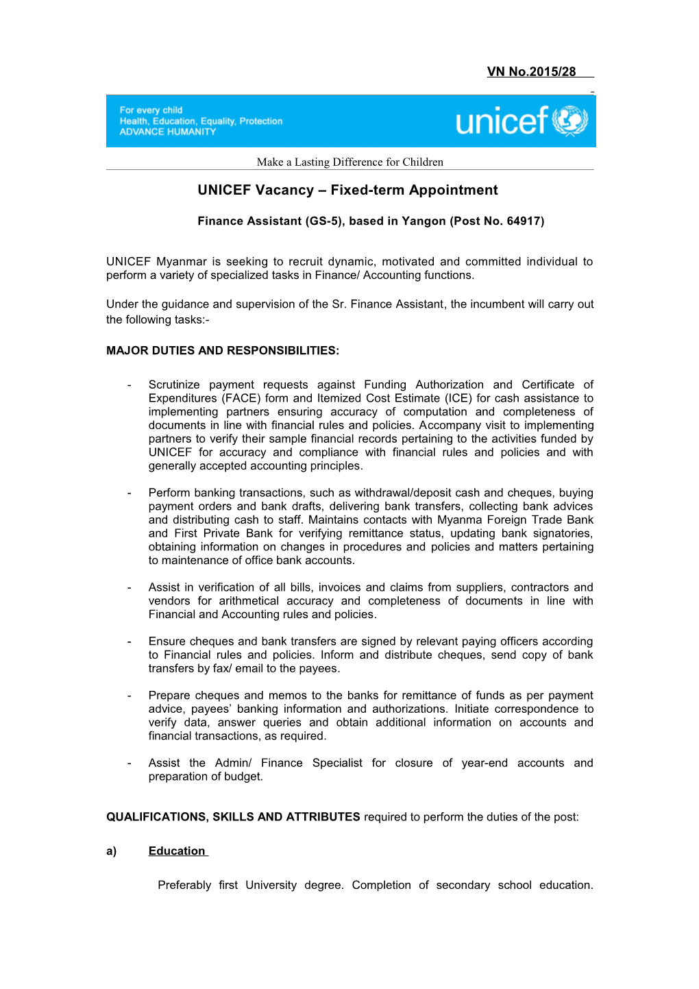 Finance Assistant (GS-5), Based in Yangon (Post No. 64917)