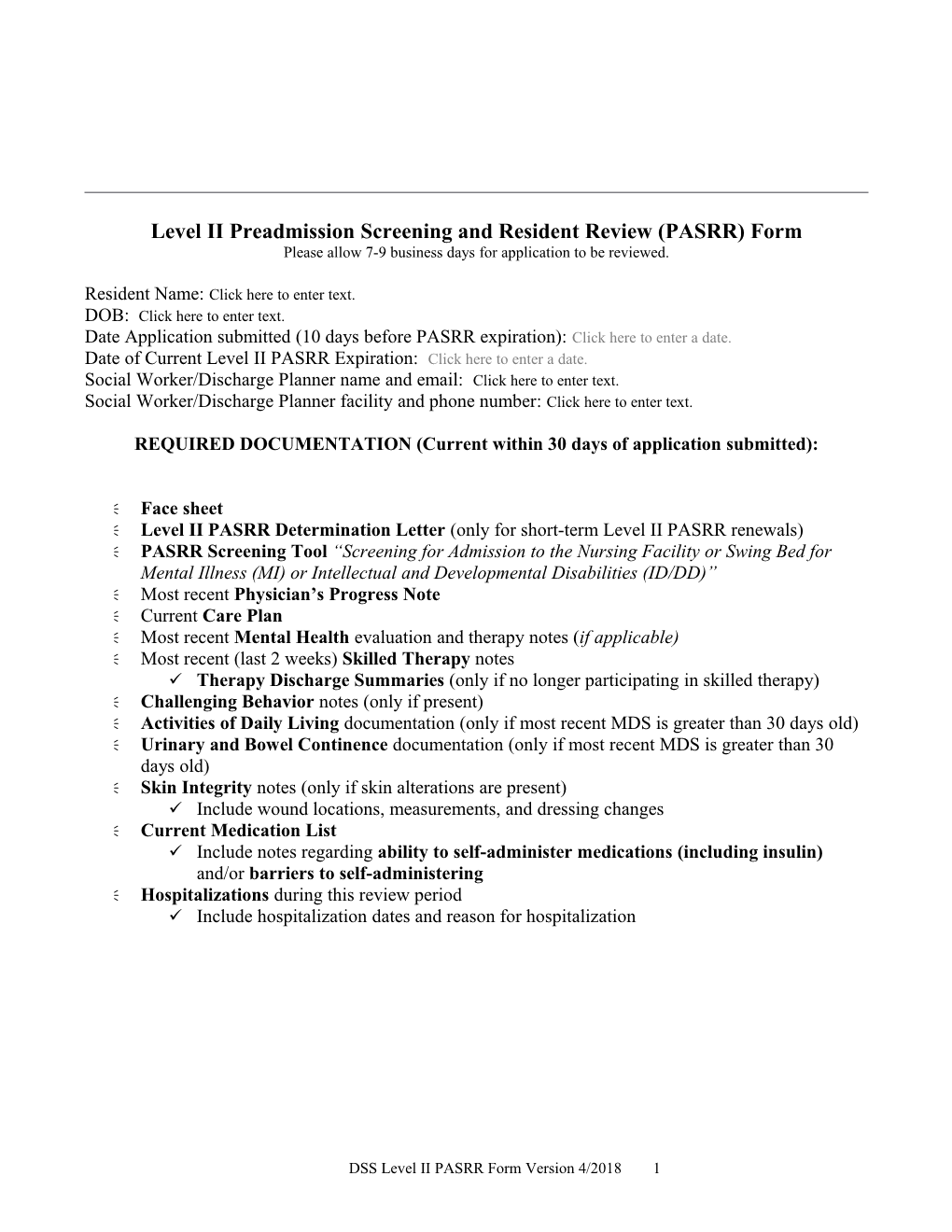 Level II Preadmission Screening and Resident Review (PASRR) Form
