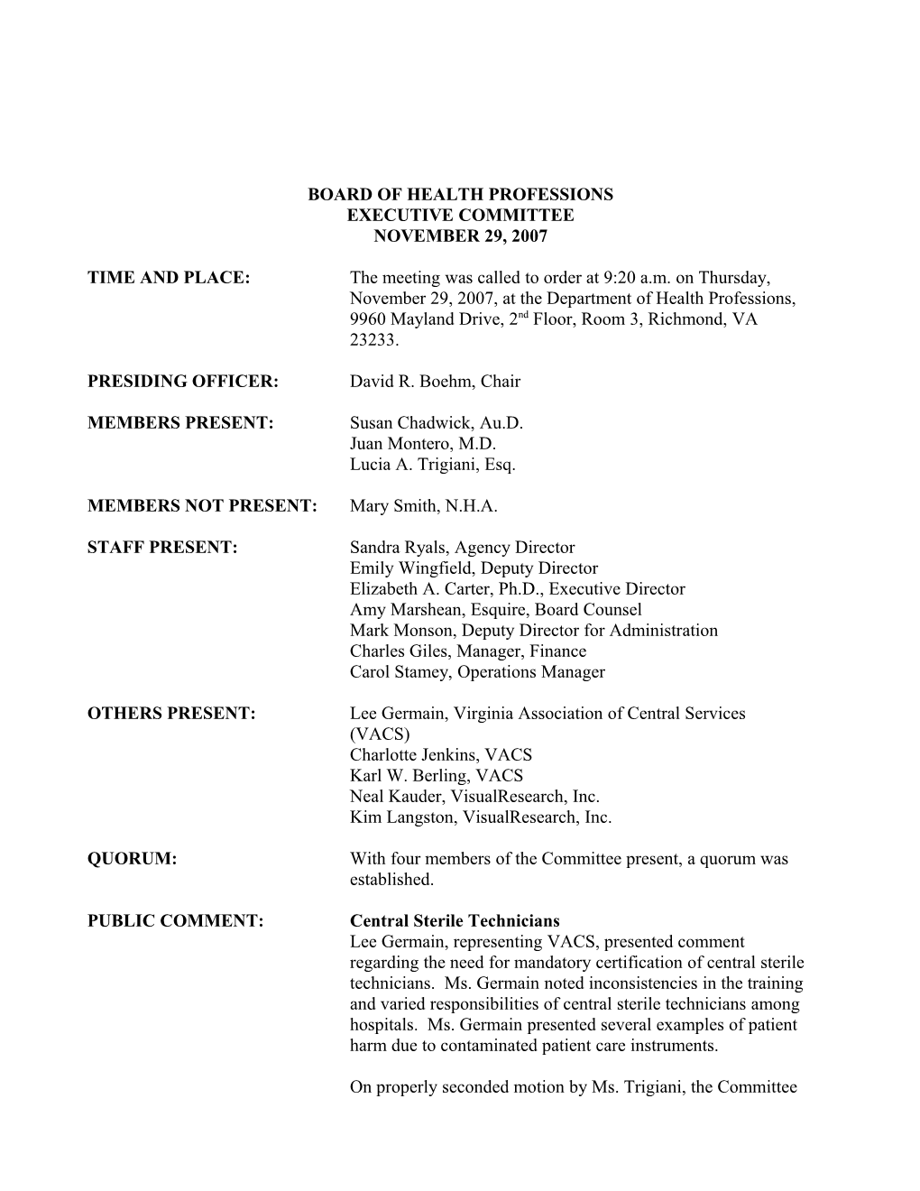 Board of Health Porfessions Minutes 11-29-2007