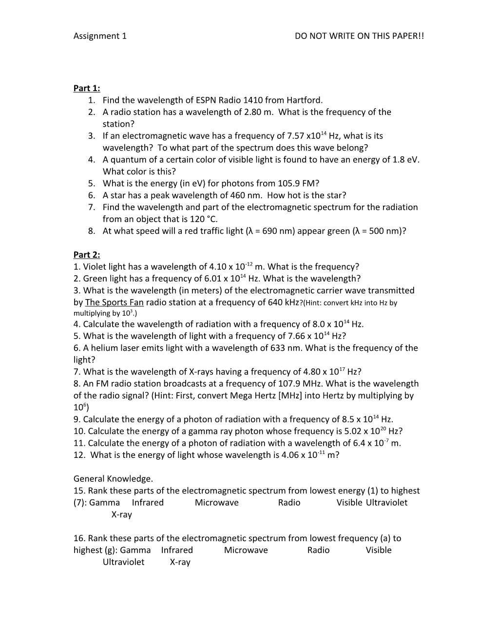 Characteristics of Light Worksheet
