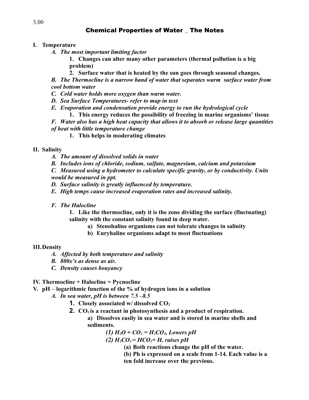 Chemical Properties of Water the Notes