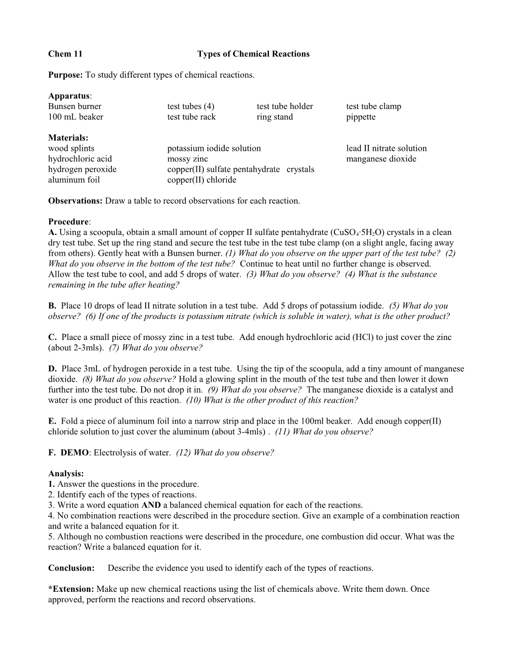 Experiment Types of Chemical Reactions