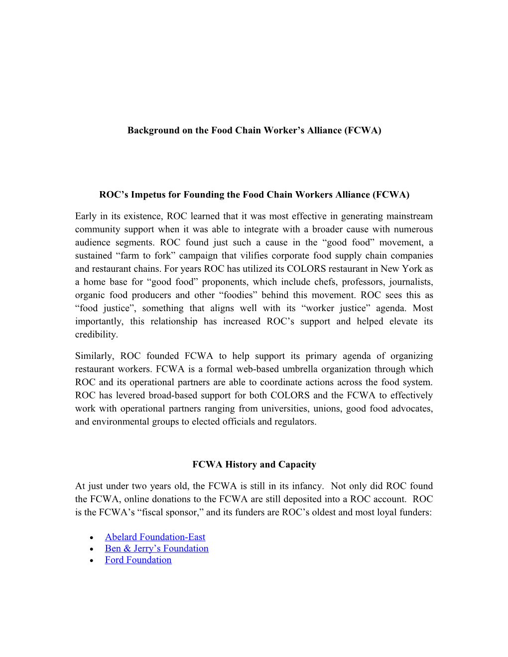 Background on the Food Chain Worker S Alliance (FCWA)