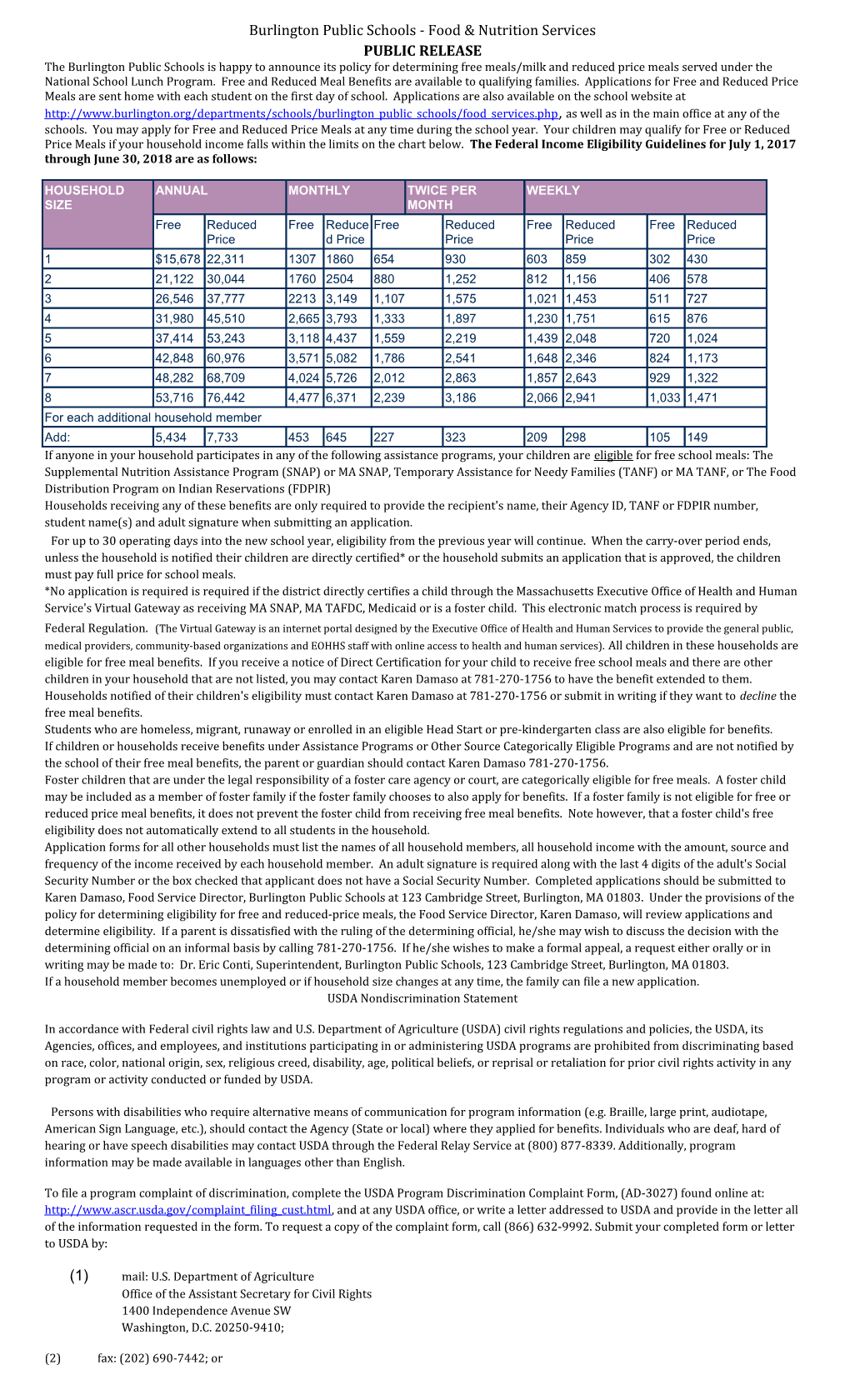 Burlington Public Schools - Food & Nutrition Services