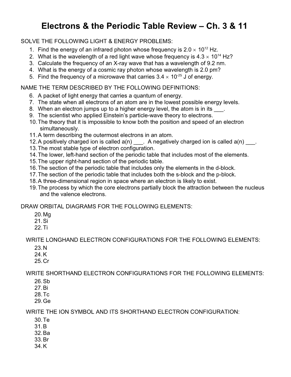 Electrons & Periodic Table Review