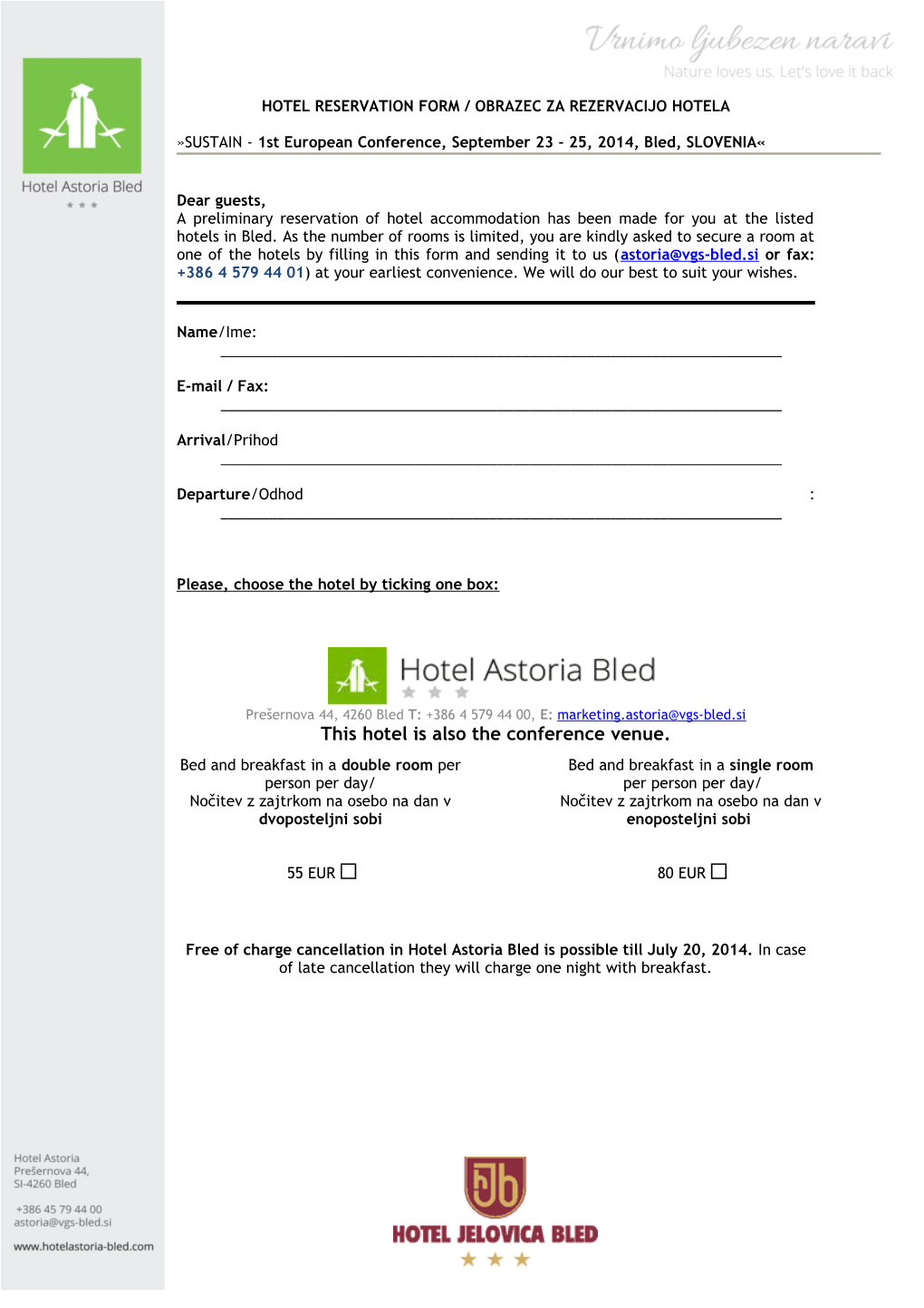 Hotel Reservation Form / Obrazec Za Rezervacijo Hotela