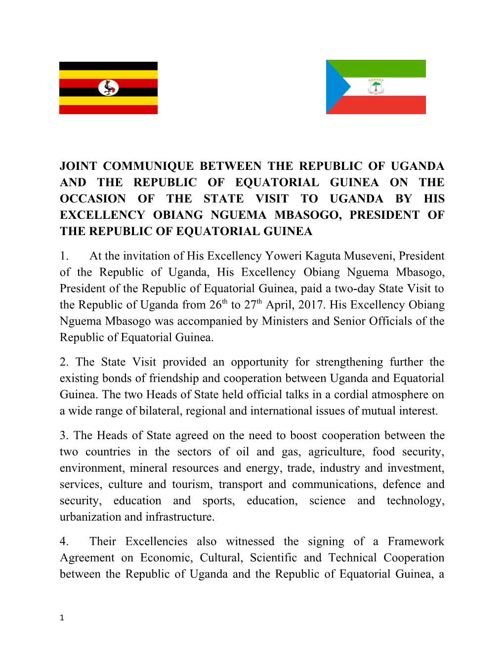 Joint Communique Between the Republic of Uganda and the Republic of Equatorial Guinea