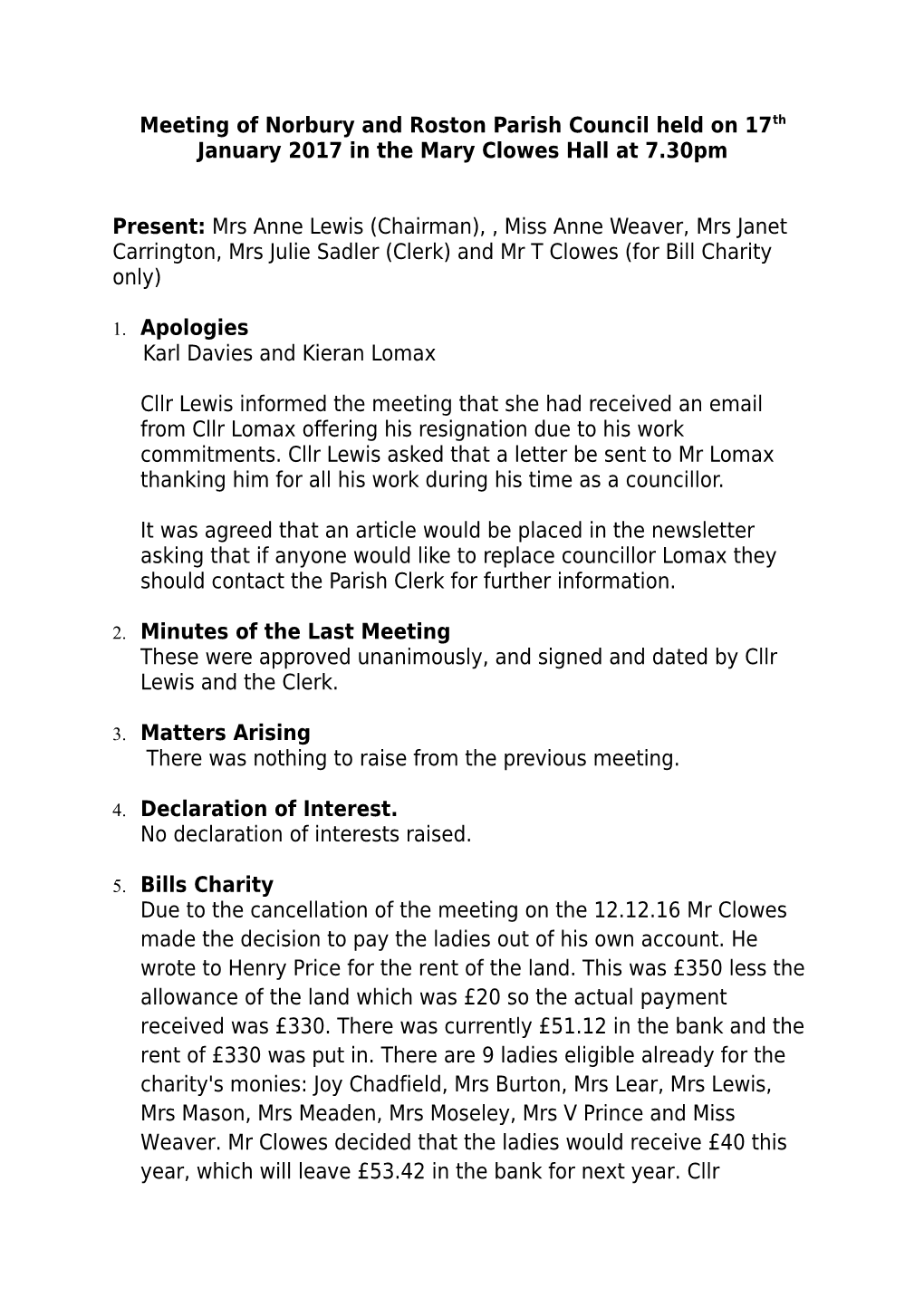 Meeting of Norbury and Roston Parish Council Held on 17Th January 2017 in the Mary Clowes