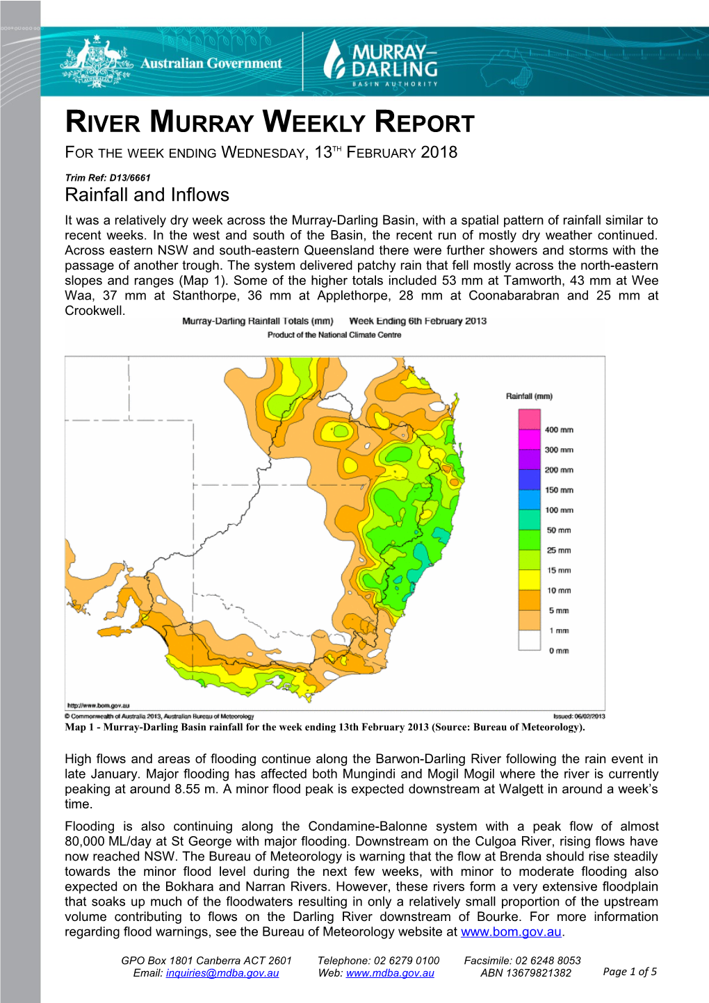 River Murray Operations Weekly Report 13Th February 2013