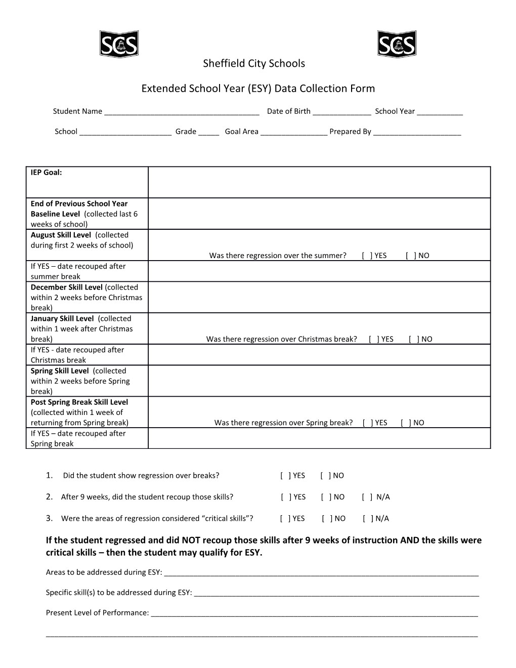 Extended School Year (ESY) Data Collection Form