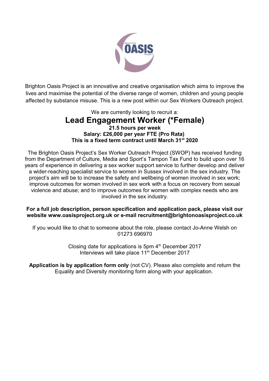 Lead Engagement Worker (*Female)