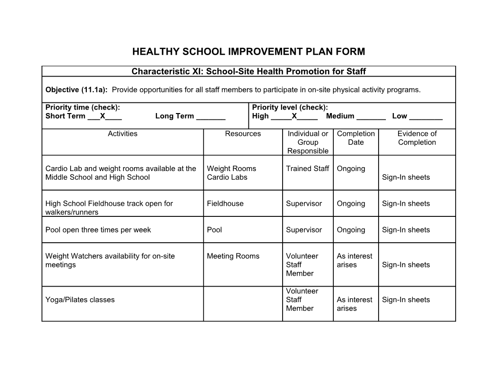 Healthy School Improvement Plan Form