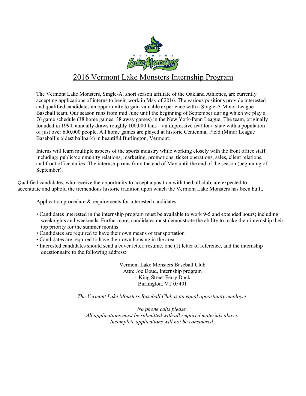 2016 Vermont Lake Monsters Internship Program