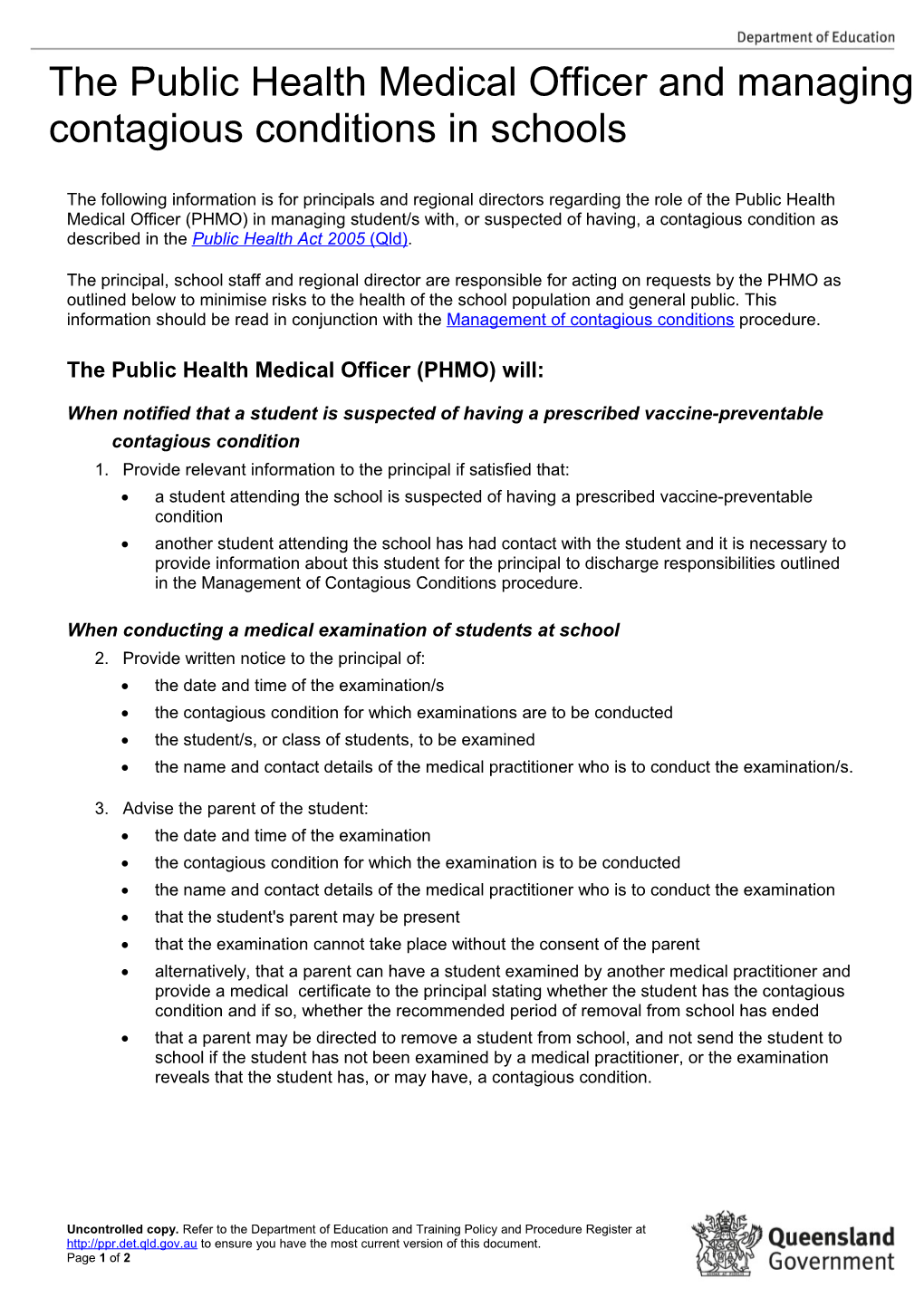 The Public Health Medical Officer and Managing Contagious Conditions in School