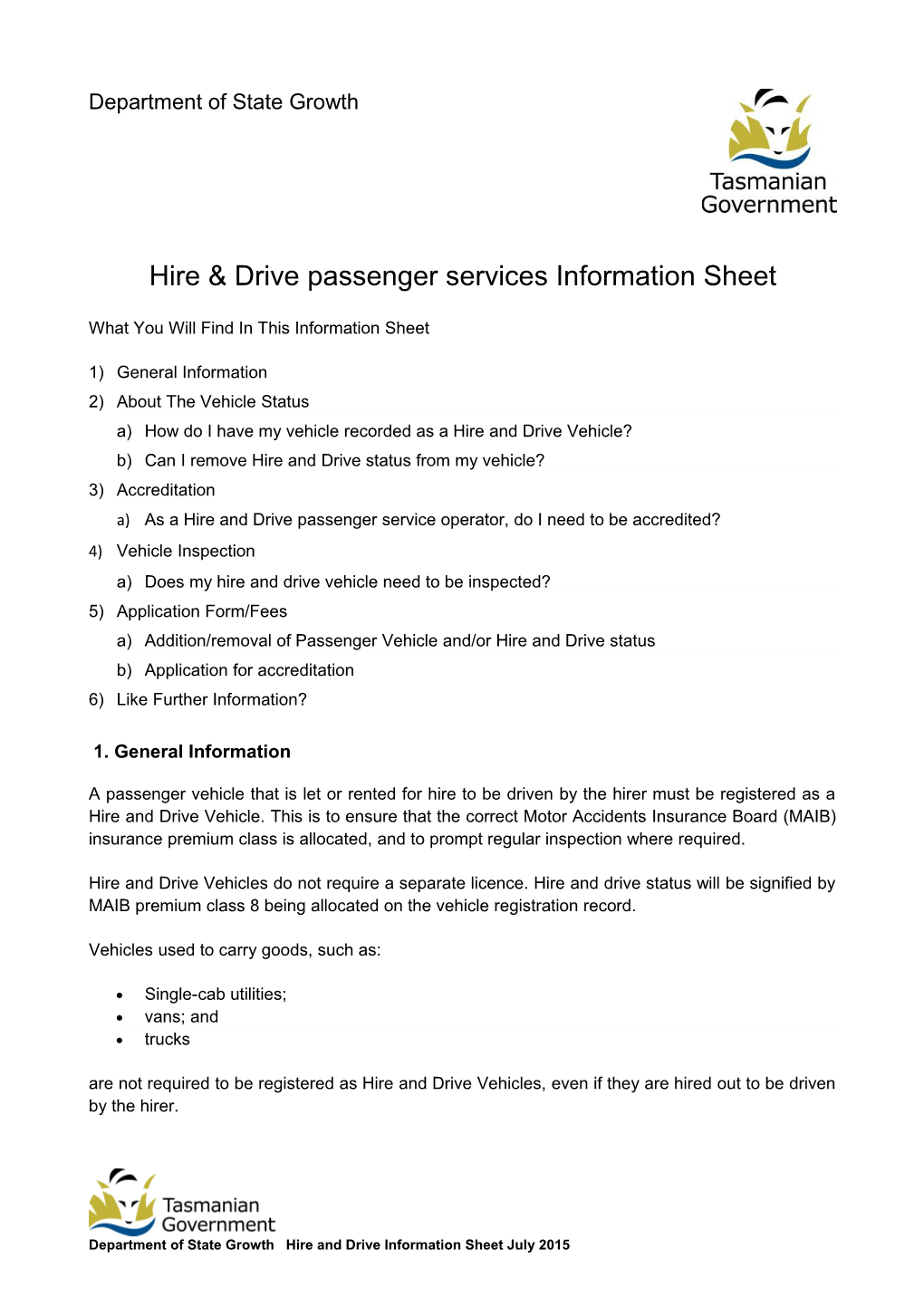 Hire & Drive Passenger Services Information Sheet