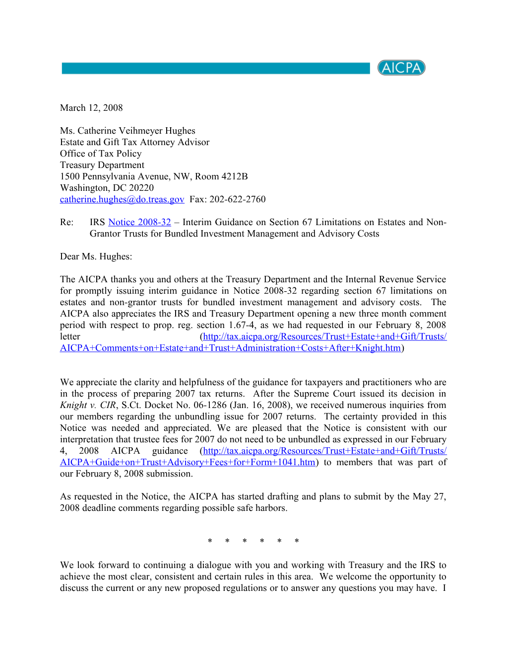 AICPA Letter Thanking Treasury for Interim Guidance on Section 67(E) Trust Investment Expenses