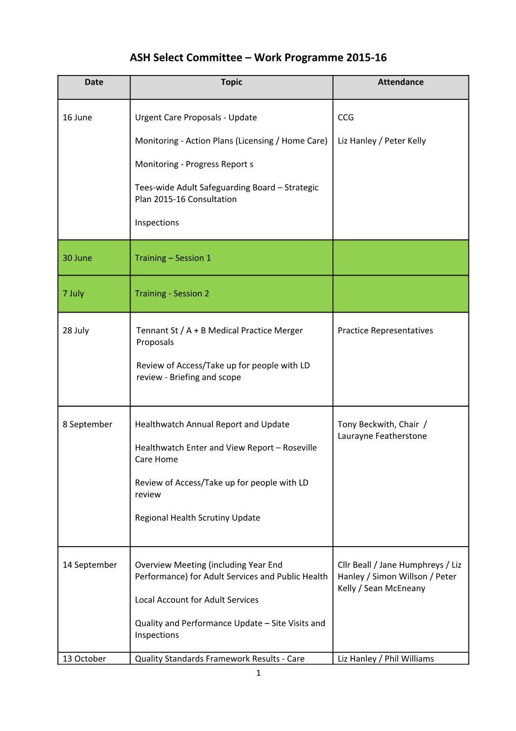 ASH Select Committee Work Programme 2015-16