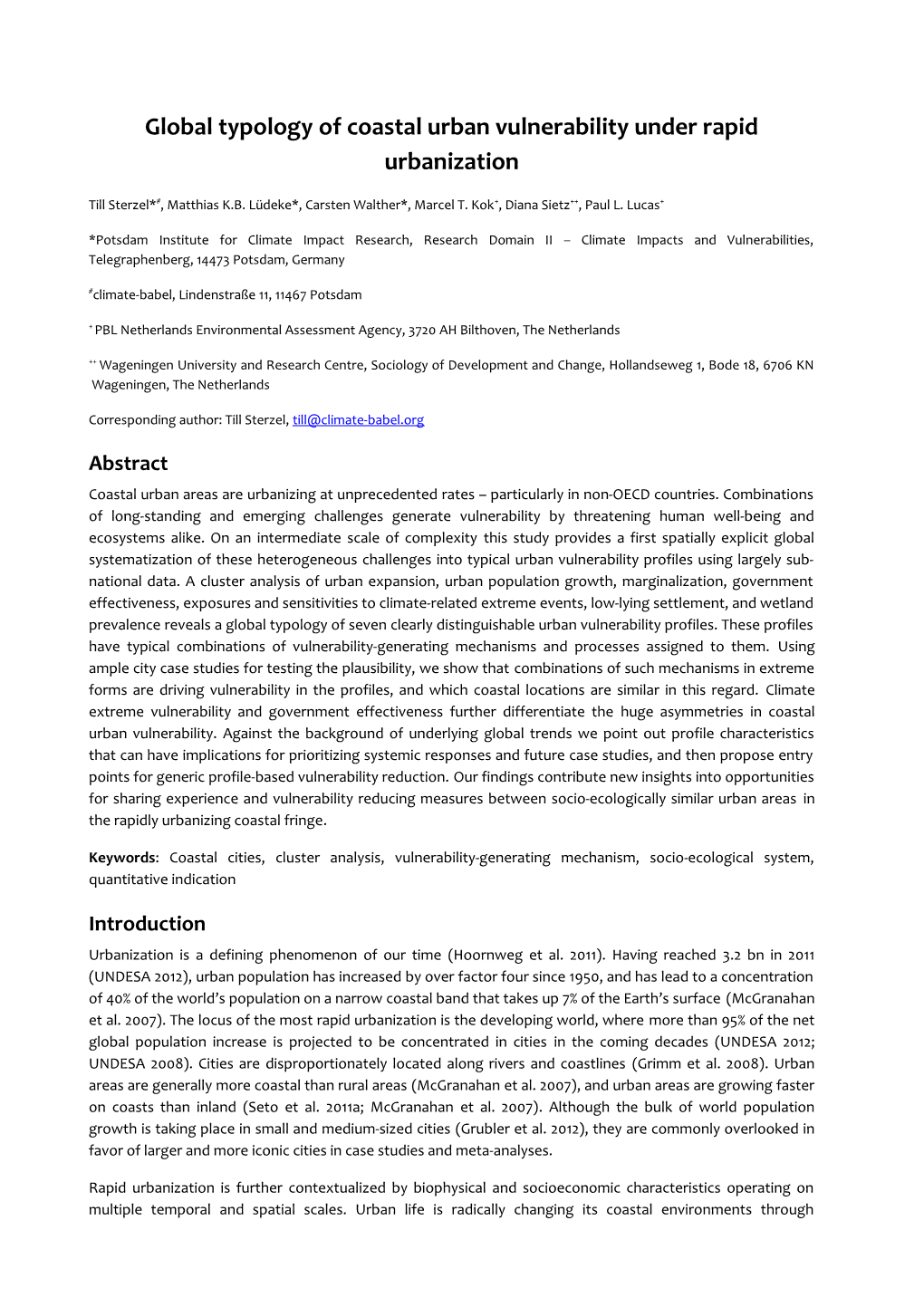 Global Typology of Coastal Urban Vulnerability Under Rapid Urbanization