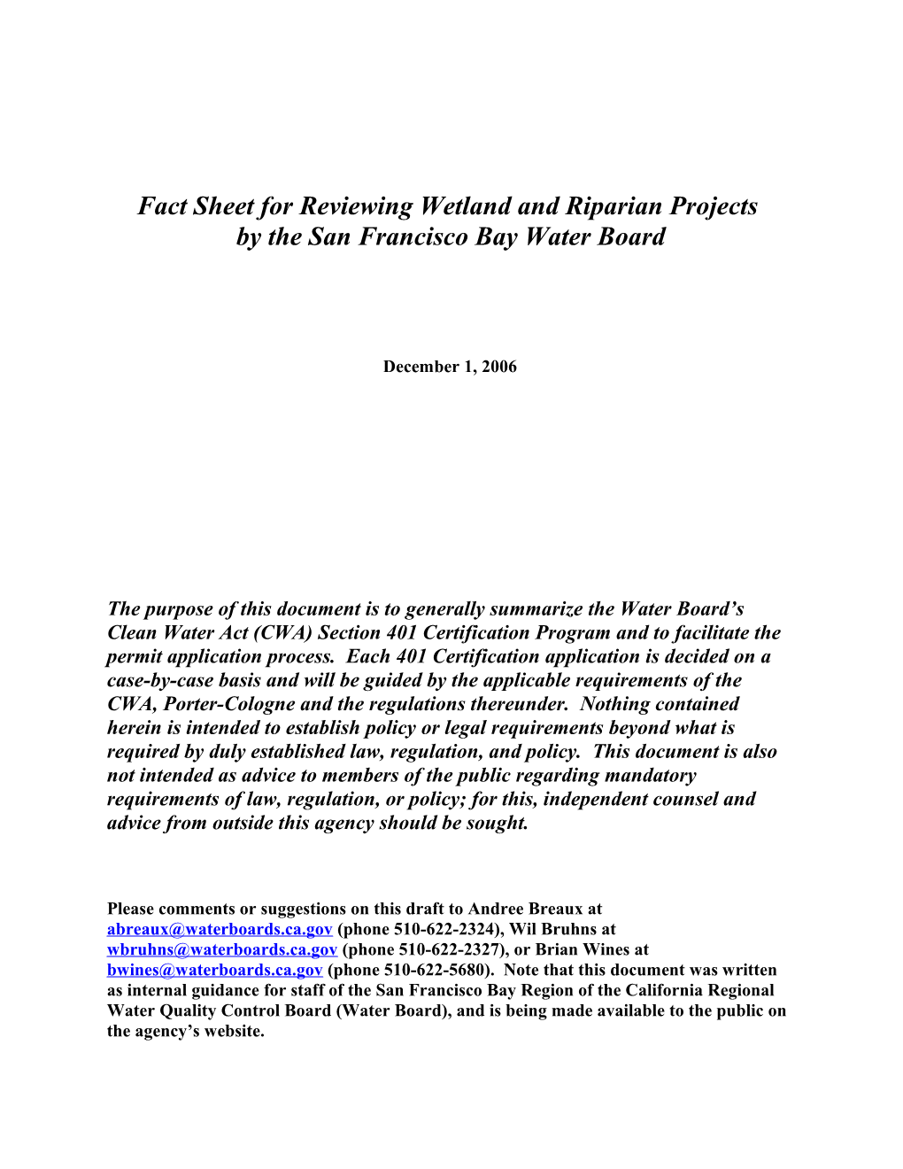 Fact Sheet for Reviewing Wetland and Riparian Projects