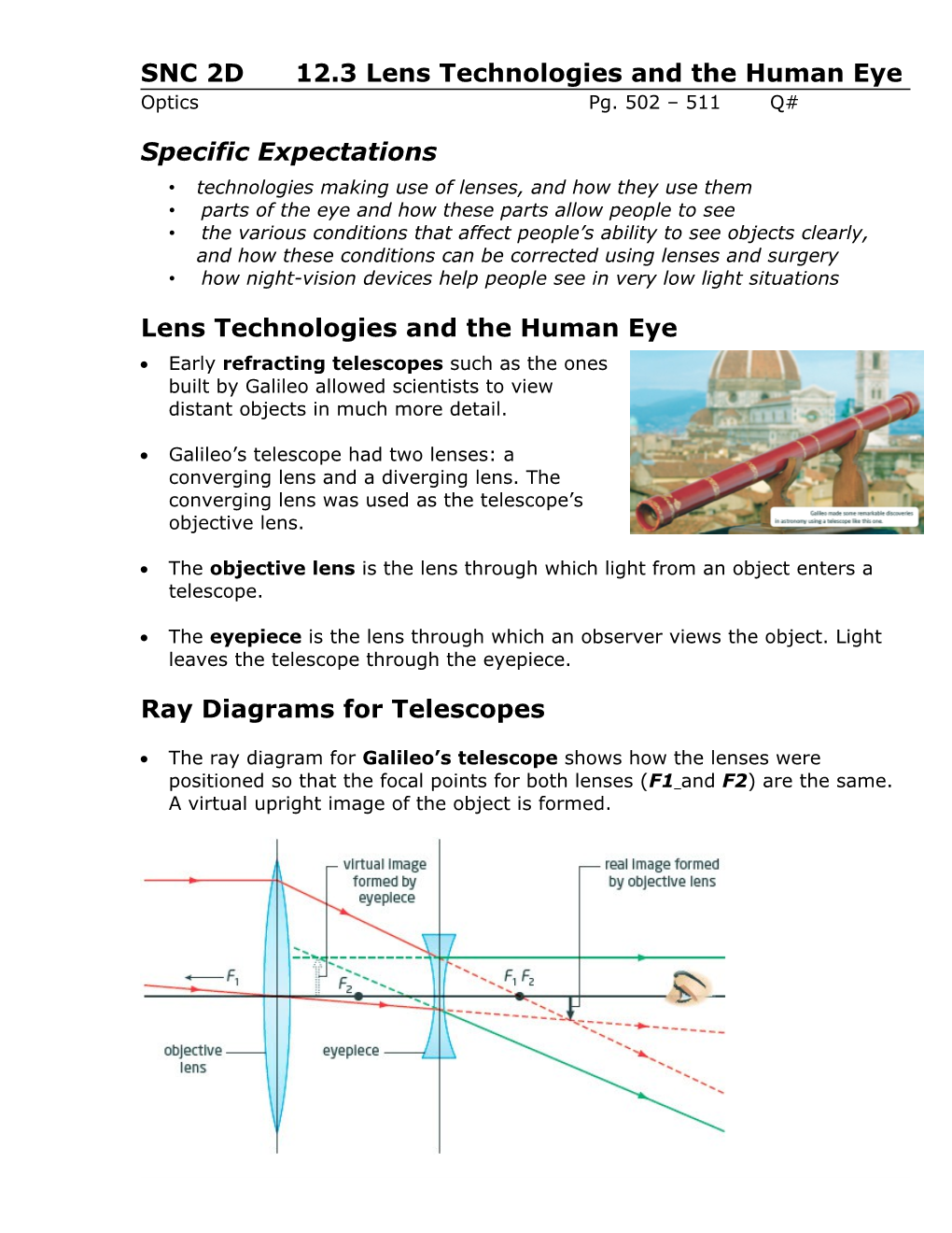 SNC 2D 12.3 Lens Technologies and the Human Eye