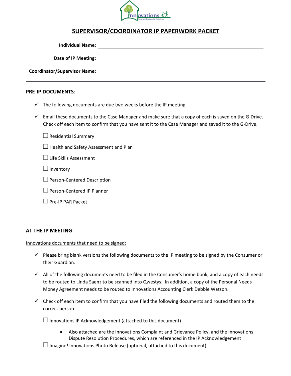 Supervisor/Coordinator Ip Paperwork Packet