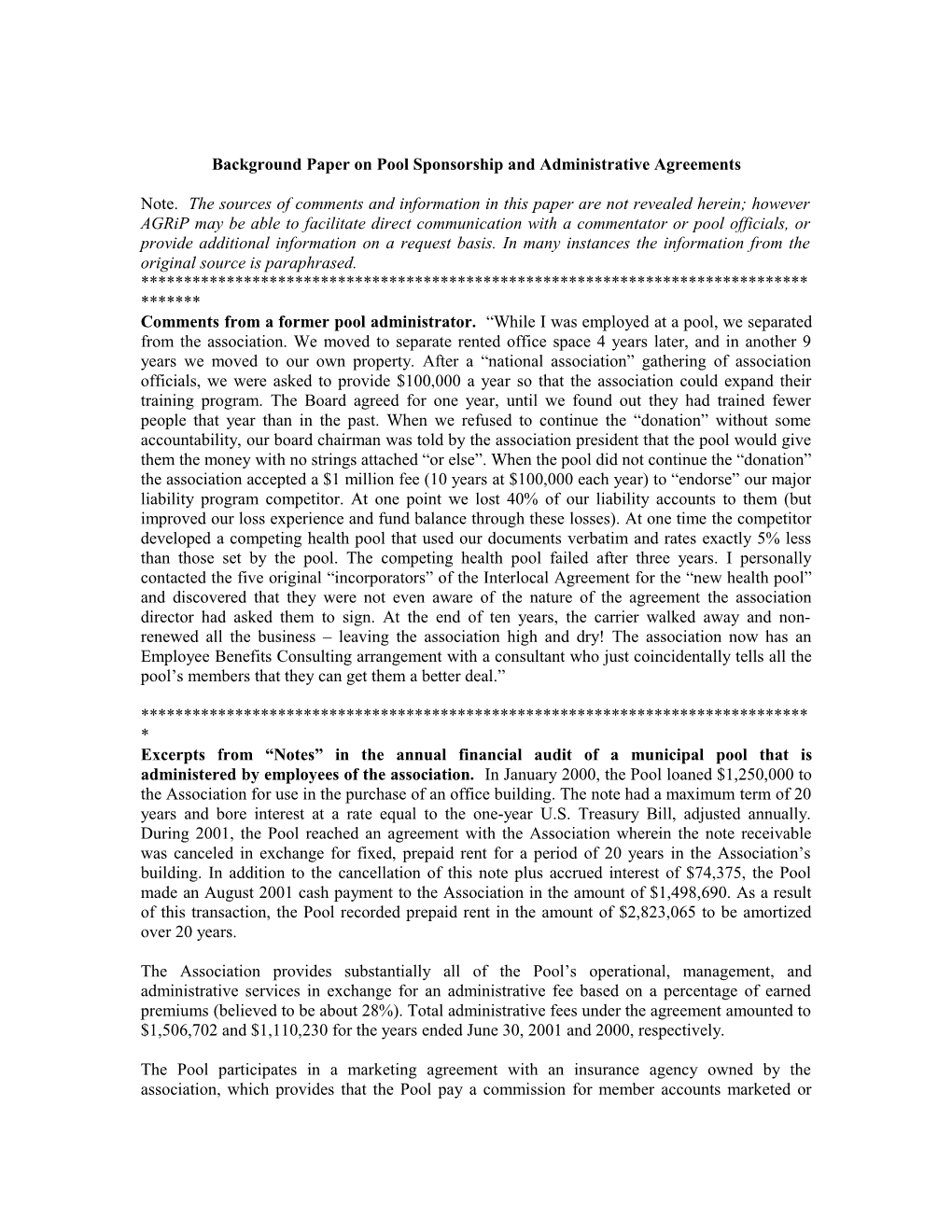 Background Paper on Pool Sponsorship and Administrative Agreements