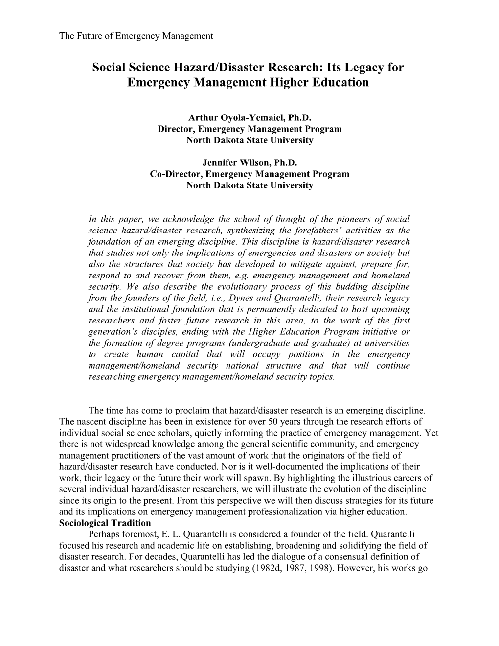 "Graduate Programs In Emergency Management: Their Contributions To Disaster Research"