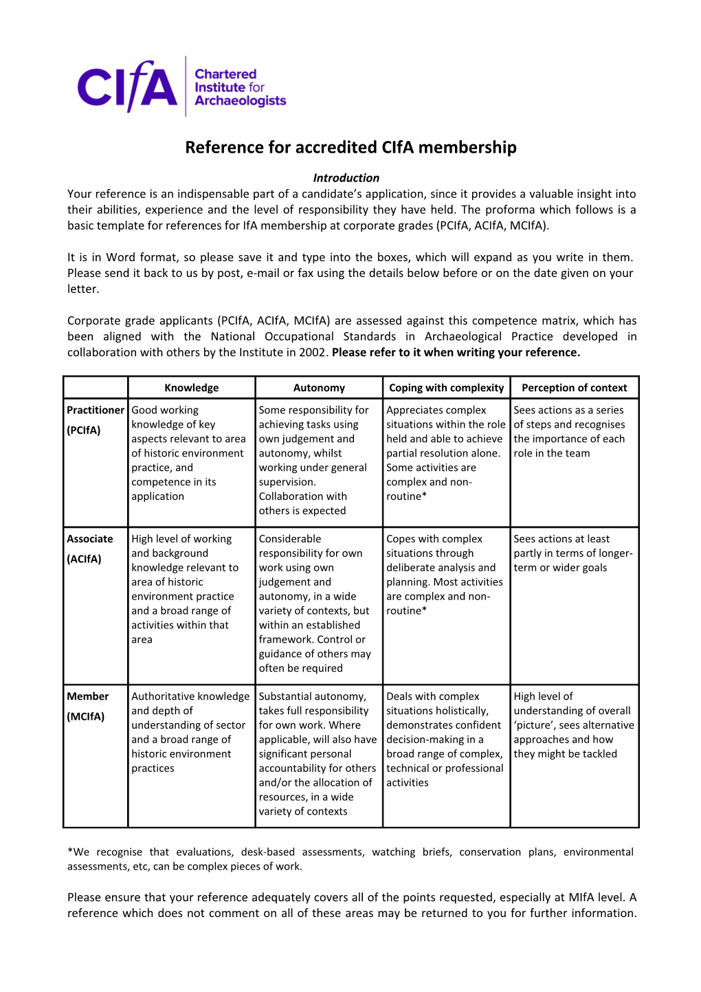 Reference for IFA Membership