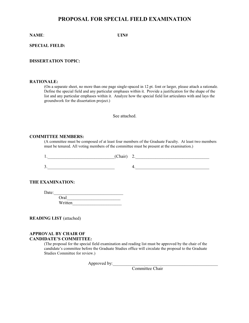 Proposal for Special Field Examination