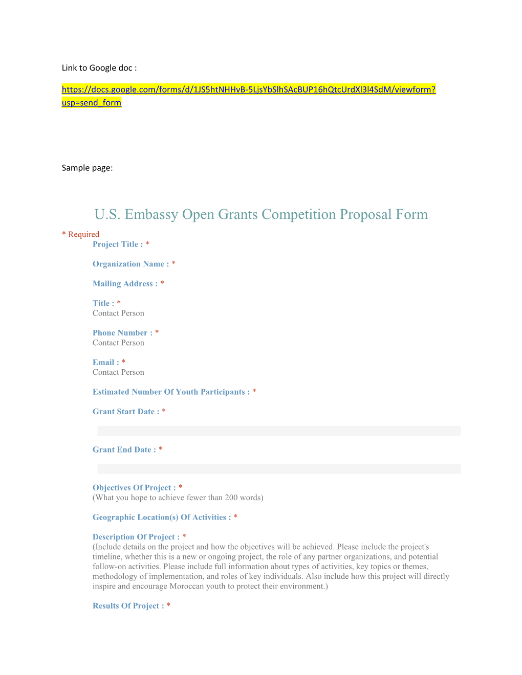 U.S. Embassy Open Grants Competition Proposal Form