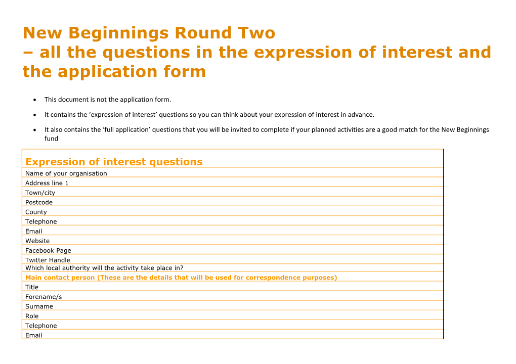 New Beginnings Round Two All the Questions in the Expression of Interest and the Application