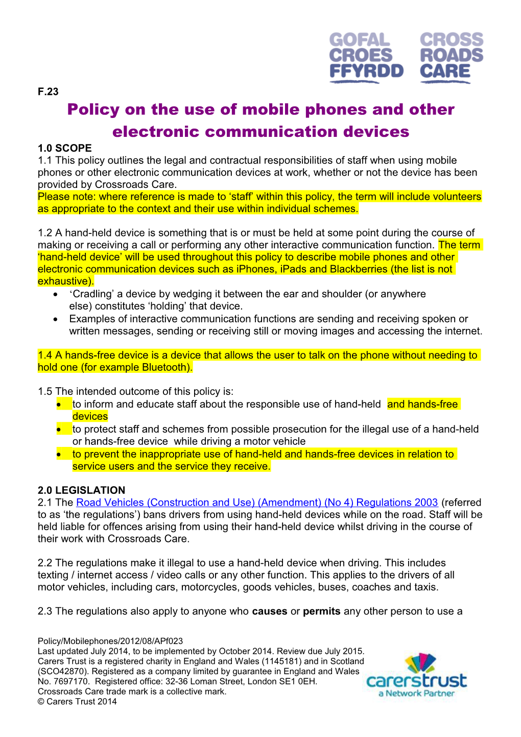 Policy on the Use of Mobile Phones and Other Electronic Communication Devices
