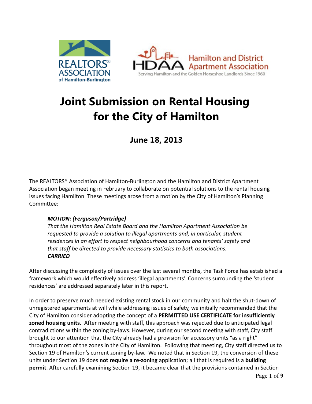 Joint Submission on Rental Housing