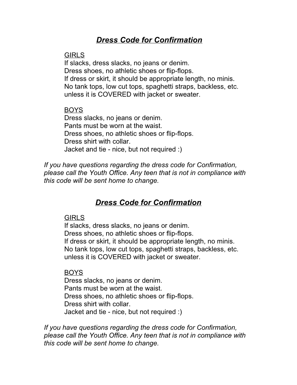 Dress Code for Confirmation