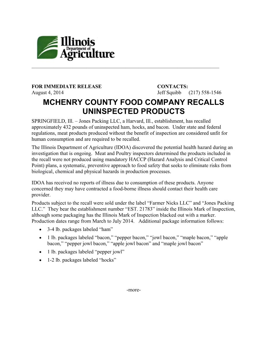 Mchenry County Food Company Recalls Uninspected Products