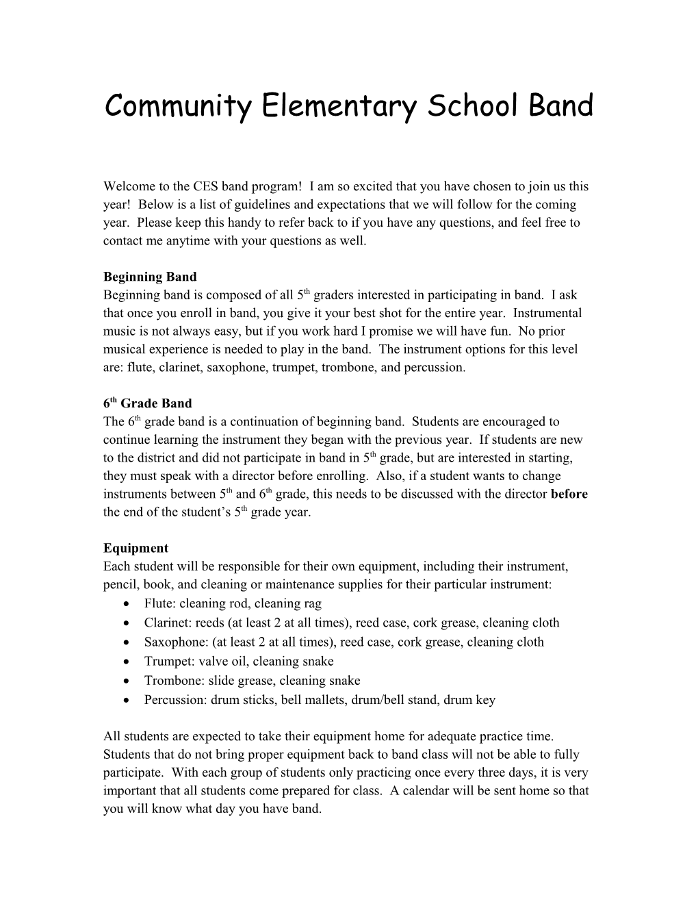 Community Elementary 5Th Grade Band