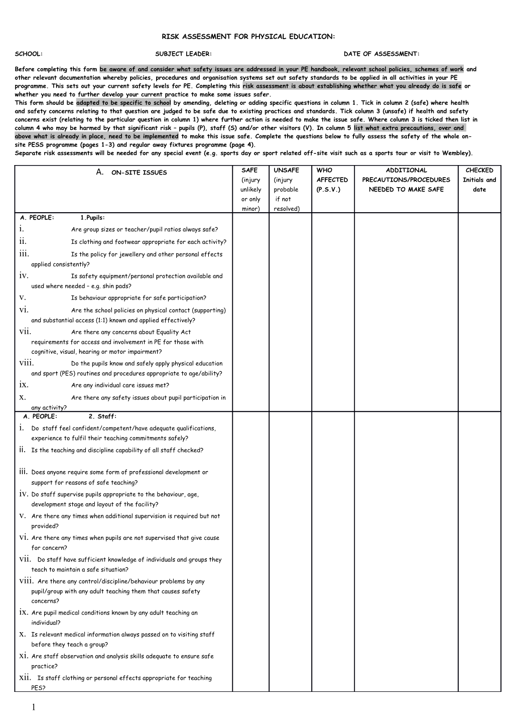 Risk Assessment for Physical Education