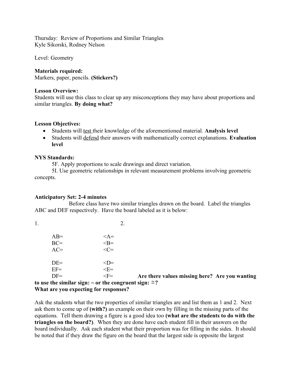 Thursday: Review of Proportions and Similar Triangles