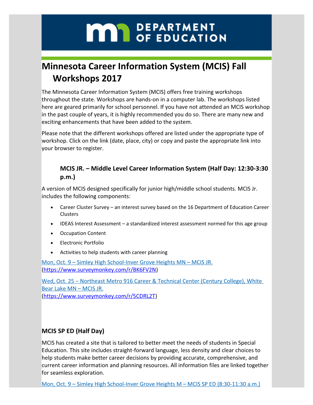 Minnesota Career Information System (MCIS) Fall Workshops 2017 the Minnesota Career Information
