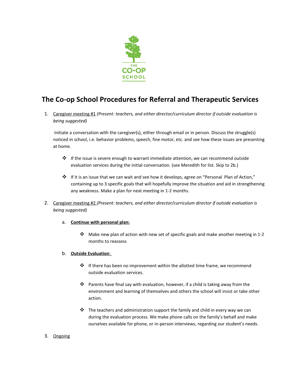 The Co-Op School Procedures for Referral and Therapeutic Services