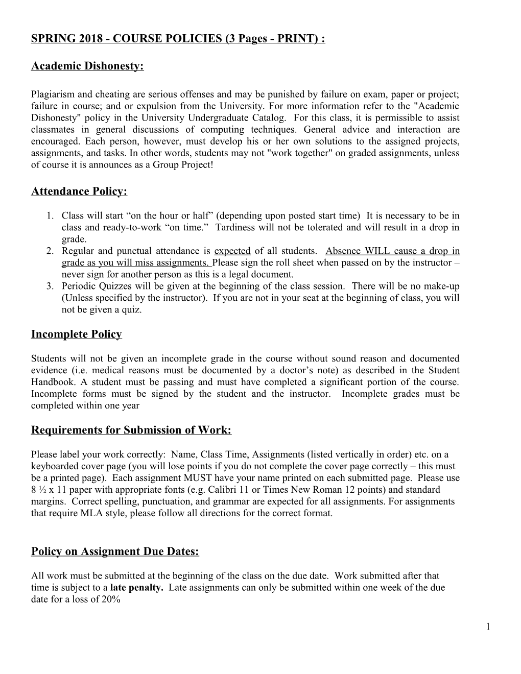 SPRING 2018 - COURSE POLICIES (3 Pages - PRINT)