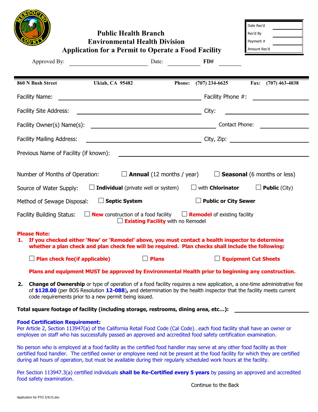 Public Health Branch Environmental Health Division Application for a Permit to Operate