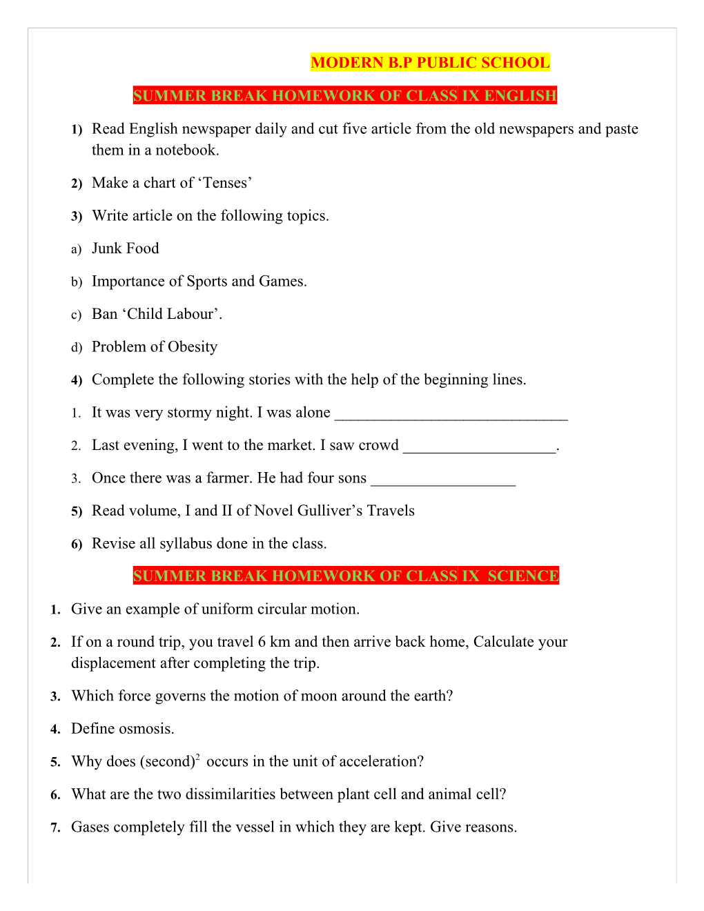 Summer Break Homework of Class Ix English